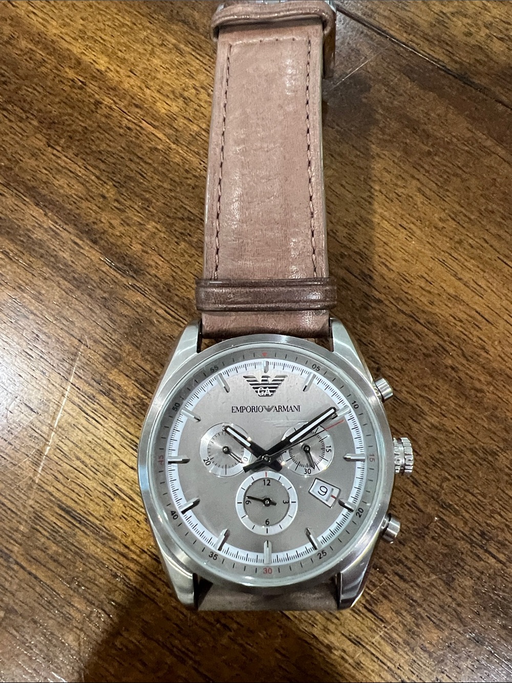 Emporio Armani Men's Silver Dial Watch with Leather Strap